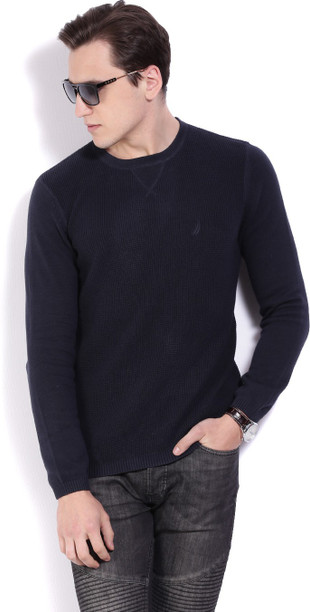 Nautica Self Design Crew Neck Casual Men Dark Blue Sweater